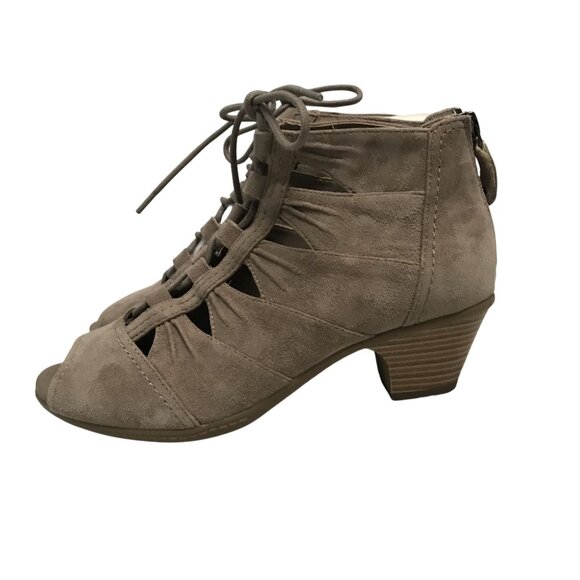 EARTH AURORA Tan Suede Heeled Lace Up Peep Toe Ankle Boots Womens 8 Zip Close - Picture 3 of 10